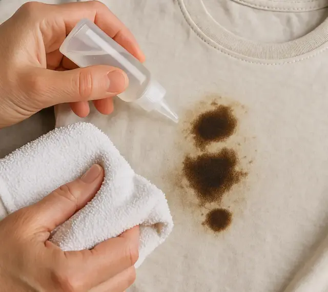 Manos aplicando líquido a una mancha de grasa en ropa beige, usando un paño blanco para frotar. Aprende como quitar grasa de la ropa.
