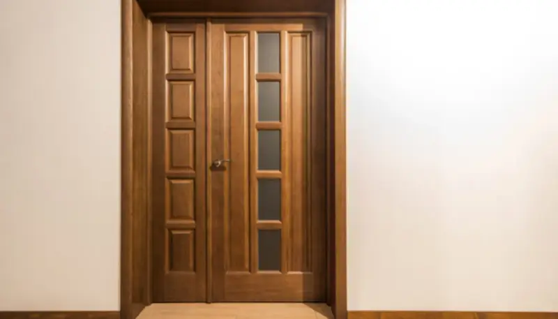 Puertas dobles de madera con paneles y vidrio, ideales para inspirarte sobre como elegir el color de las puertas de interior.